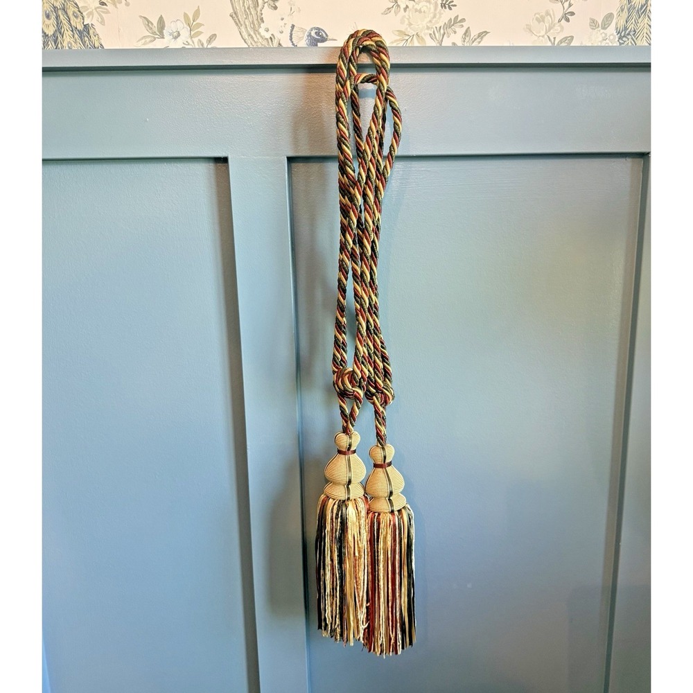 Pair Vintage Double Tassel‎ Curtain Tiebacks 26" Burgundy Olive Gold